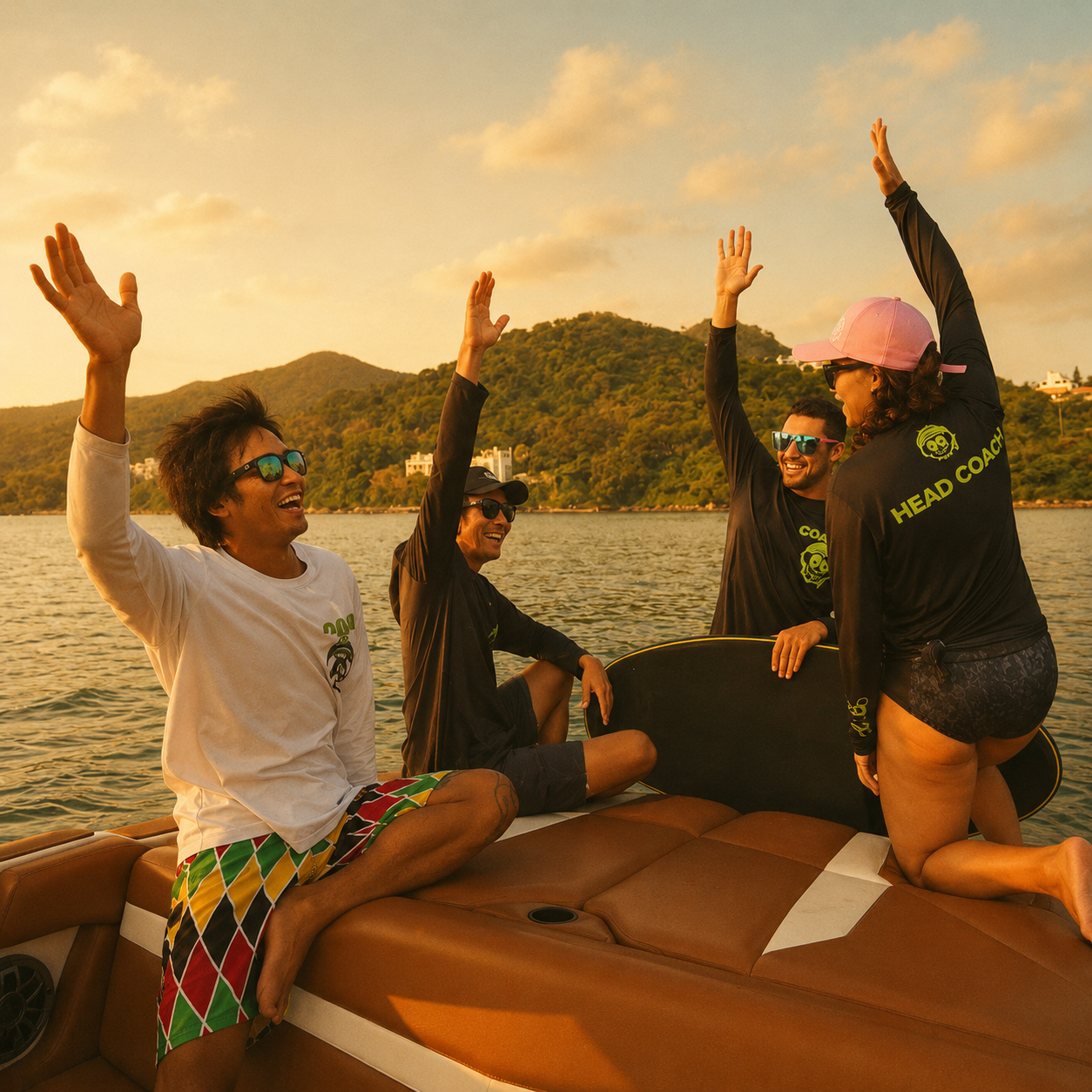Friends on a Goofy Waves boat